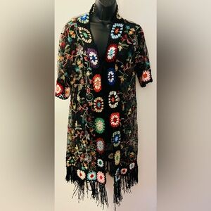 Vibrant Embroidered, Crocheted and Fringed Women's Kimono, Top, Cover Up. Size L